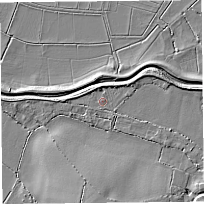 Shaded relief map of the ground around TA70JJ, computed from Environment Agency LiDAR. The ground here sits at about 6 m above sea level and falls 10 m across the surrounding 800 m. Surface water reaching this point runs off ground lying to the west, 3.4 m higher.