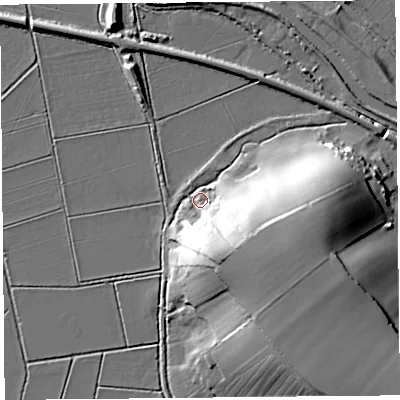 Shaded relief map of the ground around TA70JP, computed from Environment Agency LiDAR. The ground here sits at about 8 m above sea level and falls 25 m across the surrounding 800 m. Surface water reaching this point runs off ground lying to the south-east, 22.6 m higher.