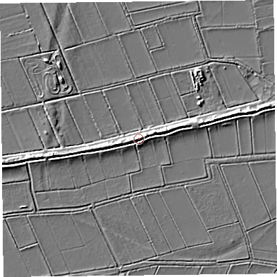 Shaded relief map of the ground around TA70JQ, computed from Environment Agency LiDAR. The ground here sits at about 6 m above sea level and falls 4 m across the surrounding 800 m. Surface water reaching this point runs off ground lying to the west-south-west, 3.1 m higher.