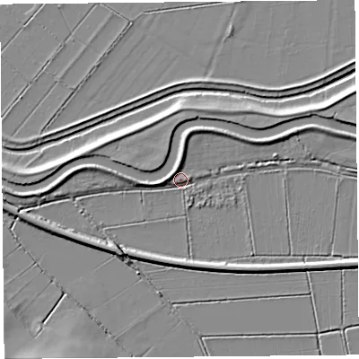 Shaded relief map of the ground around TA70JR, computed from Environment Agency LiDAR. The ground here sits at about 6 m above sea level and falls 12 m across the surrounding 800 m. Surface water reaching this point runs off ground lying to the west, 2.4 m higher.