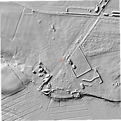 Shaded relief map of the ground around TA70JS, computed from Environment Agency LiDAR. The ground here sits at about 8 m above sea level and falls 12 m across the surrounding 800 m. Surface water reaching this point runs off ground lying to the north, 4.7 m higher.