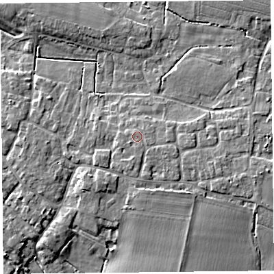 Shaded relief map of the ground around TA70LF, computed from Environment Agency LiDAR. The ground here sits at about 8 m above sea level and falls 7 m across the surrounding 800 m. Surface water reaching this point runs off ground lying to the south, 1.2 m higher.