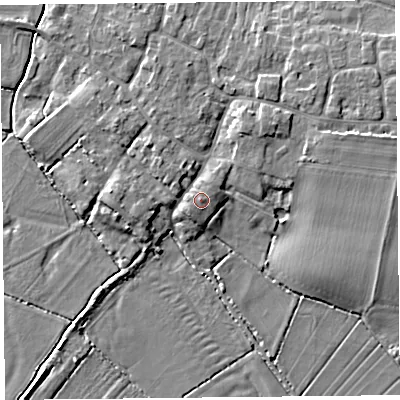 Shaded relief map of the ground around TA70LN, computed from Environment Agency LiDAR. The ground here sits at about 7 m above sea level and falls 7 m across the surrounding 800 m. Surface water reaching this point runs off ground lying to the west-south-west, 0.9 m higher.