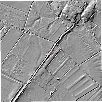 Shaded relief map of the ground around TA70LP, computed from Environment Agency LiDAR. The ground here sits at about 4 m above sea level and falls 5 m across the surrounding 800 m. Surface water reaching this point runs off ground lying to the north-east, 3.2 m higher.