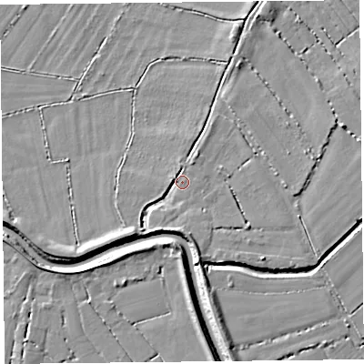 Shaded relief map of the ground around TA70LR, computed from Environment Agency LiDAR. The ground here sits at about 6 m above sea level and falls 6 m across the surrounding 800 m. Surface water reaching this point runs off ground lying to the south-south-west, 4.1 m higher.