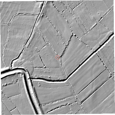 Shaded relief map of the ground around TA70LS, computed from Environment Agency LiDAR. The ground here sits at about 5 m above sea level and falls 6 m across the surrounding 800 m. Surface water reaching this point runs off ground lying to the south-west, 3.4 m higher.