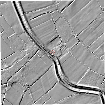 Shaded relief map of the ground around TA70LT, computed from Environment Agency LiDAR. The ground here sits at about 6 m above sea level and falls 6 m across the surrounding 800 m. Surface water reaching this point runs off ground lying to the south, 2.9 m higher.