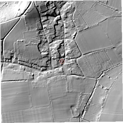 Shaded relief map of the ground around TA70NJ, computed from Environment Agency LiDAR. The ground here sits at about 8 m above sea level and falls 22 m across the surrounding 800 m. Surface water reaching this point runs off ground lying to the north-north-west, 18.9 m higher.