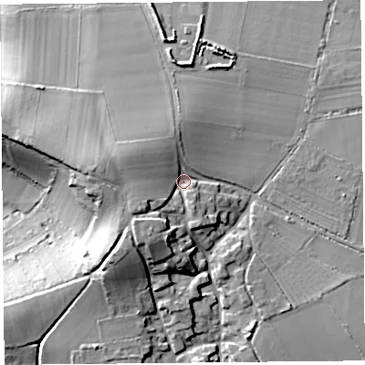 Shaded relief map of the ground around TA70NX, computed from Environment Agency LiDAR. The ground here sits at about 14 m above sea level and falls 23 m across the surrounding 800 m. Surface water reaching this point runs off ground lying to the west, 13.8 m higher.