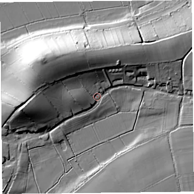 Shaded relief map of the ground around TA70PD, computed from Environment Agency LiDAR. The ground here sits at about 8 m above sea level and falls 28 m across the surrounding 800 m. Surface water reaching this point runs off ground lying to the north-west, 23.2 m higher.