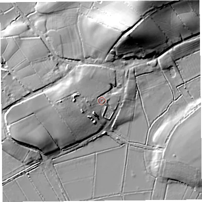 Shaded relief map of the ground around TA70PE, computed from Environment Agency LiDAR. The ground here sits at about 9 m above sea level and falls 24 m across the surrounding 800 m. Surface water reaching this point runs off ground lying to the west, 4.7 m higher.