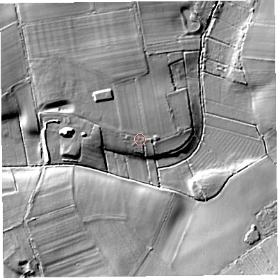 Shaded relief map of the ground around TA70PF, computed from Environment Agency LiDAR. The ground here sits at about 8 m above sea level and falls 10 m across the surrounding 800 m. Surface water reaching this point runs off ground lying to the north-west, 1.3 m higher.