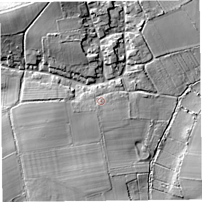 Shaded relief map of the ground around TA70PG, computed from Environment Agency LiDAR. The ground here sits at about 9 m above sea level and falls 15 m across the surrounding 800 m. Surface water reaching this point runs off ground lying to the south-west, 1.4 m higher.
