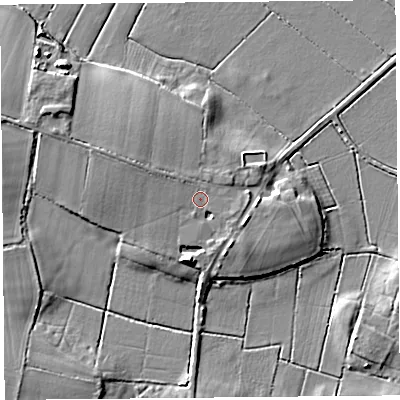 Shaded relief map of the ground around TA70PJ, computed from Environment Agency LiDAR. The ground here sits at about 8 m above sea level and falls 8 m across the surrounding 800 m. Surface water reaching this point runs off ground lying to the east-south-east, 0.8 m higher.
