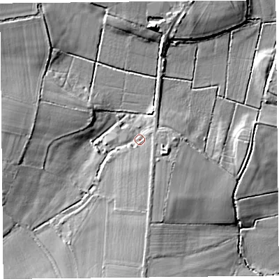 Shaded relief map of the ground around TA70PL, computed from Environment Agency LiDAR. The ground here sits at about 7 m above sea level and falls 8 m across the surrounding 800 m. Surface water reaching this point runs off ground lying to the south, 4.3 m higher.