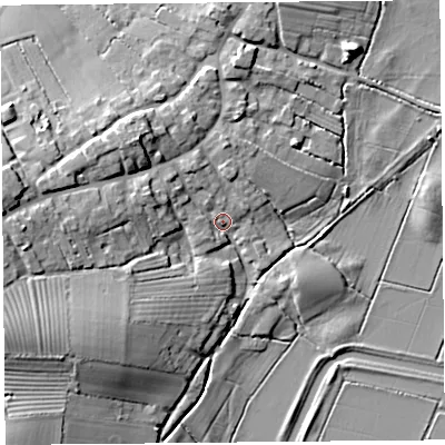Shaded relief map of the ground around TA70PT, computed from Environment Agency LiDAR. The ground here sits at about 8 m above sea level and falls 16 m across the surrounding 800 m. Surface water reaching this point runs off ground lying to the west-north-west, 6.8 m higher.