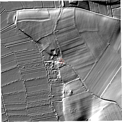 Shaded relief map of the ground around TA70QF, computed from Environment Agency LiDAR. The ground here sits at about 7 m above sea level and falls 19 m across the surrounding 800 m. Surface water reaching this point runs off ground lying to the south-east, 5.0 m higher.