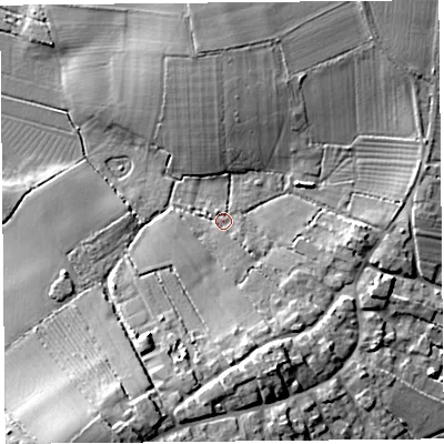 Shaded relief map of the ground around TA70QJ, computed from Environment Agency LiDAR. The ground here sits at about 6 m above sea level and falls 17 m across the surrounding 800 m. Surface water reaching this point runs off ground lying to the south-east, 2.2 m higher.