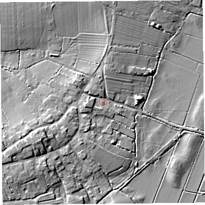 Shaded relief map of the ground around TA70QP, computed from Environment Agency LiDAR. The ground here sits at about 8 m above sea level and falls 12 m across the surrounding 800 m. Surface water reaching this point runs off ground lying to the west-south-west, 3.8 m higher.