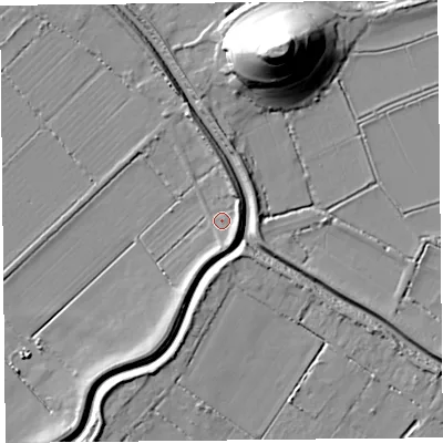 Shaded relief map of the ground around TA70RA, computed from Environment Agency LiDAR. The ground here sits at about 6 m above sea level and falls 31 m across the surrounding 800 m. Surface water reaching this point runs off ground lying to the north-east, 3.6 m higher.