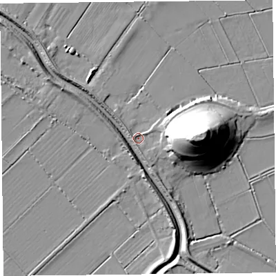 Shaded relief map of the ground around TA70RB, computed from Environment Agency LiDAR. The ground here sits at about 6 m above sea level and falls 31 m across the surrounding 800 m. Surface water reaching this point runs off ground lying to the east, 26.3 m higher.