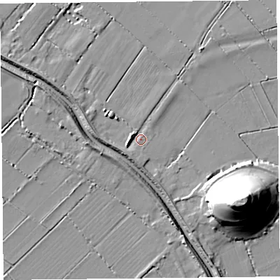 Shaded relief map of the ground around TA70RD, computed from Environment Agency LiDAR. The ground here sits at about 5 m above sea level and falls 31 m across the surrounding 800 m. Surface water reaching this point runs off ground lying to the west-south-west, 3.9 m higher.