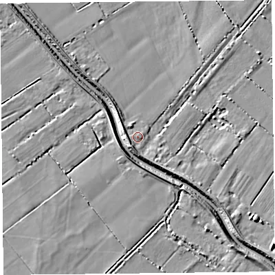 Shaded relief map of the ground around TA70RF, computed from Environment Agency LiDAR. The ground here sits at about 7 m above sea level and falls 6 m across the surrounding 800 m. Surface water reaching this point runs off ground lying to the south-west, 3.1 m higher.