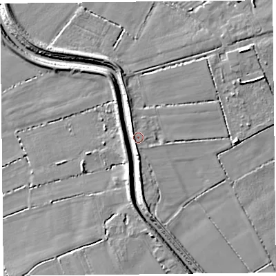 Shaded relief map of the ground around TA70RG, computed from Environment Agency LiDAR. The ground here sits at about 7 m above sea level and falls 6 m across the surrounding 800 m. Surface water reaching this point runs off ground lying to the north-west, 5.0 m higher.