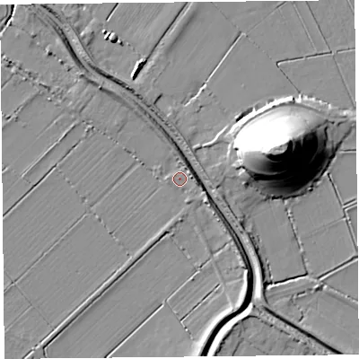 Shaded relief map of the ground around TA70RH, computed from Environment Agency LiDAR. The ground here sits at about 6 m above sea level and falls 31 m across the surrounding 800 m. Surface water reaching this point runs off ground lying to the east, 3.3 m higher.