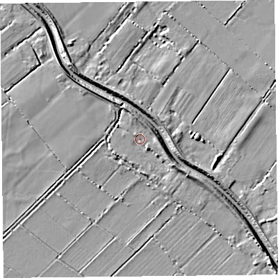 Shaded relief map of the ground around TA70RJ, computed from Environment Agency LiDAR. The ground here sits at about 6 m above sea level and falls 6 m across the surrounding 800 m. Surface water reaching this point runs off ground lying to the south-east, 4.3 m higher.