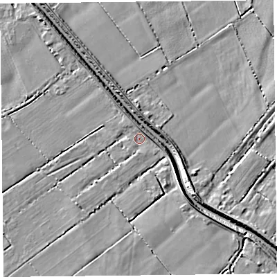 Shaded relief map of the ground around TA70RL, computed from Environment Agency LiDAR. The ground here sits at about 6 m above sea level and falls 6 m across the surrounding 800 m. Surface water reaching this point runs off ground lying to the east, 2.7 m higher.