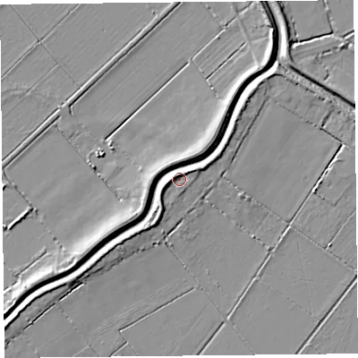 Shaded relief map of the ground around TA70RX, computed from Environment Agency LiDAR. The ground here sits at about 7 m above sea level and falls 6 m across the surrounding 800 m. Surface water reaching this point runs off ground lying to the west-south-west, 4.3 m higher.