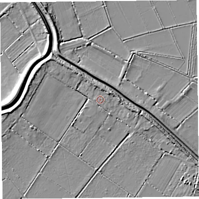 Shaded relief map of the ground around TA70RY, computed from Environment Agency LiDAR. The ground here sits at about 6 m above sea level and falls 6 m across the surrounding 800 m. Surface water reaching this point runs off ground lying to the north, 2.0 m higher.