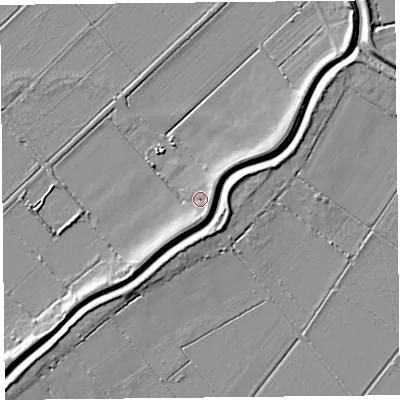Shaded relief map of the ground around TA70RZ, computed from Environment Agency LiDAR. The ground here sits at about 6 m above sea level and falls 6 m across the surrounding 800 m. Surface water reaching this point runs off ground lying to the south, 3.6 m higher.
