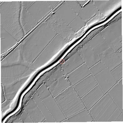 Shaded relief map of the ground around TA70SA, computed from Environment Agency LiDAR. The ground here sits at about 7 m above sea level and falls 6 m across the surrounding 800 m. Surface water reaching this point runs off ground lying to the south-west, 4.3 m higher.