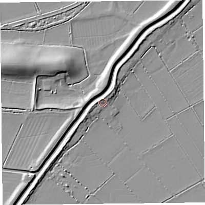 Shaded relief map of the ground around TA70SB, computed from Environment Agency LiDAR. The ground here sits at about 7 m above sea level and falls 11 m across the surrounding 800 m. Surface water reaching this point runs off ground lying to the west-south-west, 3.8 m higher.