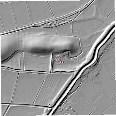 Shaded relief map of the ground around TA70SD, computed from Environment Agency LiDAR. The ground here sits at about 5 m above sea level and falls 11 m across the surrounding 800 m. Surface water reaching this point runs off ground lying to the north-north-east, 8.3 m higher.