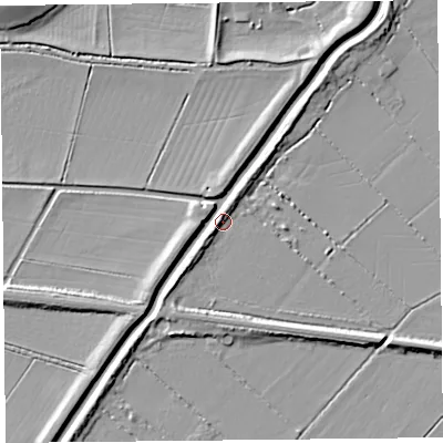 Shaded relief map of the ground around TA70SE, computed from Environment Agency LiDAR. The ground here sits at about 7 m above sea level and falls 8 m across the surrounding 800 m. Surface water reaching this point runs off ground lying to the north-north-east, 3.8 m higher.