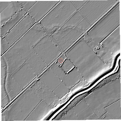 Shaded relief map of the ground around TA70SG, computed from Environment Agency LiDAR. The ground here sits at about 4 m above sea level and falls 6 m across the surrounding 800 m. Surface water reaching this point runs off ground lying to the south-south-east, 2.4 m higher.