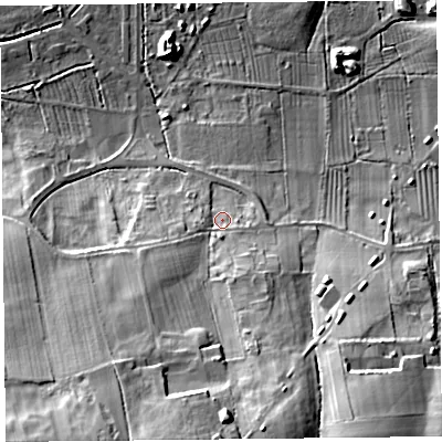 Shaded relief map of the ground around TA78AA, computed from Environment Agency LiDAR. The ground here sits at about 16 m above sea level and falls 35 m across the surrounding 800 m. Surface water reaching this point runs off ground lying to the south-south-west, 25.7 m higher.