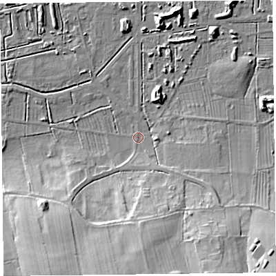 Shaded relief map of the ground around TA78AD, computed from Environment Agency LiDAR. The ground here sits at about 7 m above sea level and falls 24 m across the surrounding 800 m. Surface water reaching this point runs off ground lying to the south-east, 5.1 m higher.