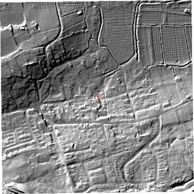 Shaded relief map of the ground around TA78AE, computed from Environment Agency LiDAR. The ground here sits at about 8 m above sea level and falls 33 m across the surrounding 800 m. Surface water reaching this point runs off ground lying to the south-south-east, 24.4 m higher.