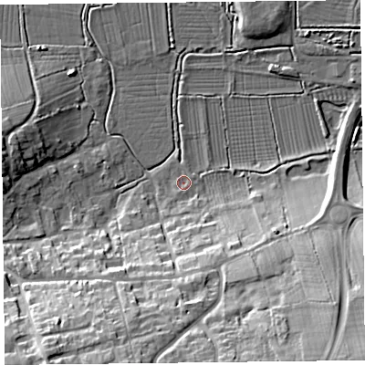 Shaded relief map of the ground around TA78AT, computed from Environment Agency LiDAR. The ground here sits at about 6 m above sea level and falls 27 m across the surrounding 800 m. Surface water reaching this point runs off ground lying to the south, 12.7 m higher.