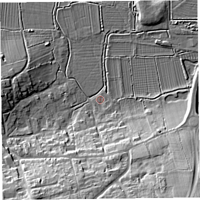Shaded relief map of the ground around TA78AX, computed from Environment Agency LiDAR. The ground here sits at about 6 m above sea level and falls 25 m across the surrounding 800 m. Surface water reaching this point runs off ground lying to the south-south-east, 3.2 m higher.