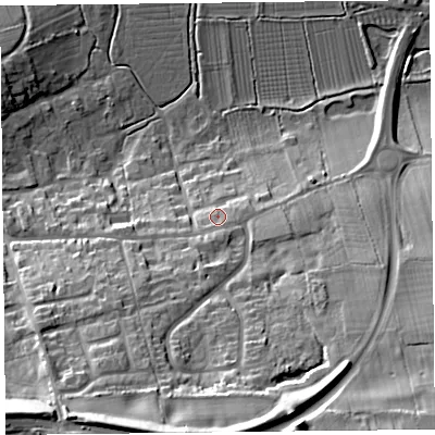 Shaded relief map of the ground around TA78BQ, computed from Environment Agency LiDAR. The ground here sits at about 16 m above sea level and falls 39 m across the surrounding 800 m. Surface water reaching this point runs off ground lying to the south-south-east, 5.5 m higher.