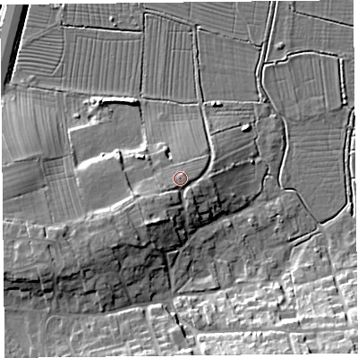 Shaded relief map of the ground around TA78BY, computed from Environment Agency LiDAR. The ground here sits at about 12 m above sea level and falls 17 m across the surrounding 800 m. Surface water reaching this point runs off ground lying to the south-west, 2.2 m higher.