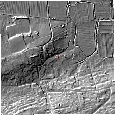 Shaded relief map of the ground around TA78DA, computed from Environment Agency LiDAR. The ground here sits at about 8 m above sea level and falls 22 m across the surrounding 800 m. Surface water reaching this point runs off ground lying to the west-south-west, 3.5 m higher.
