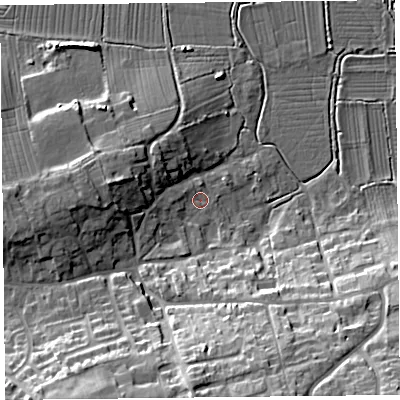 Shaded relief map of the ground around TA78DB, computed from Environment Agency LiDAR. The ground here sits at about 7 m above sea level and falls 24 m across the surrounding 800 m. Surface water reaching this point runs off ground lying to the west, 3.1 m higher.