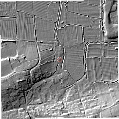 Shaded relief map of the ground around TA78DD, computed from Environment Agency LiDAR. The ground here sits at about 6 m above sea level and falls 15 m across the surrounding 800 m. Surface water reaching this point runs off ground lying to the west-south-west, 10.7 m higher.
