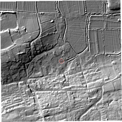 Shaded relief map of the ground around TA78DG, computed from Environment Agency LiDAR. The ground here sits at about 6 m above sea level and falls 25 m across the surrounding 800 m. Surface water reaching this point runs off ground lying to the south, 23.6 m higher.